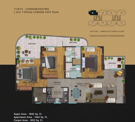 Floor plan of 3 BHK 1845 Sq. Ft. Apartment in Oxirich Chintamani, Gurgaon
