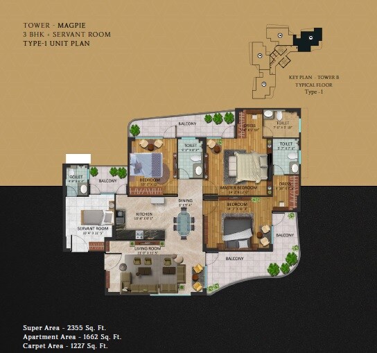 Floor plan of 3 BHK 2355 Sq. Ft. Apartment in Oxirich Chintamani, Gurgaon