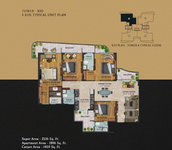 Floor plan of 4 BHK 2516 Sq. Ft. Apartment in Oxirich Chintamani, Gurgaon