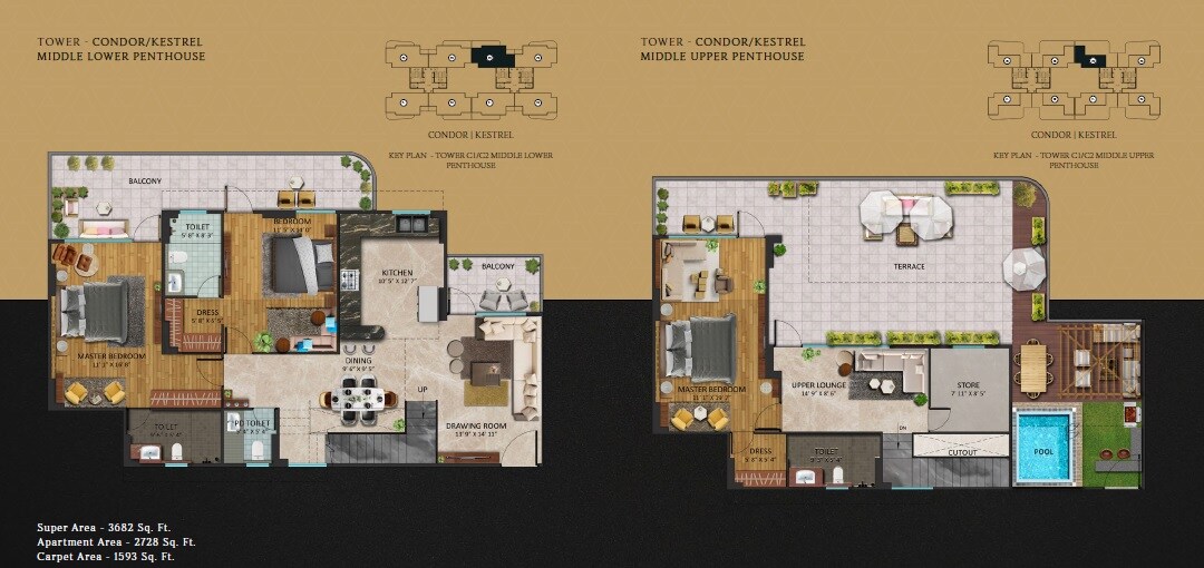 Floor plan of 3 BHK 3682 Sq. Ft. Penthouse in Oxirich Chintamani, Gurgaon