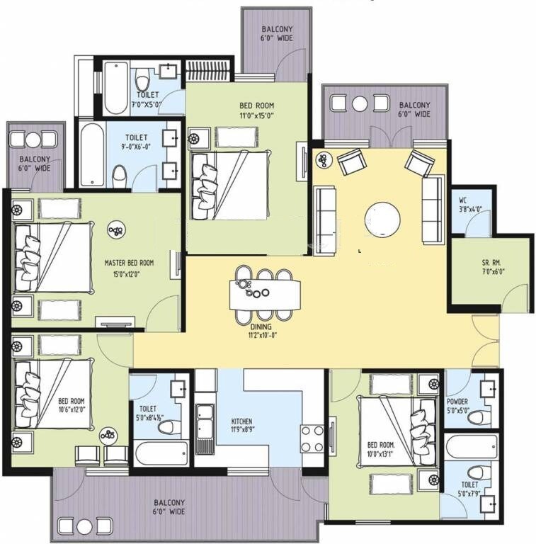 Floor plan of 4 BHK 2200 Sq. Ft. Apartment in Pal City Park Neillia Elite, Gurgaon