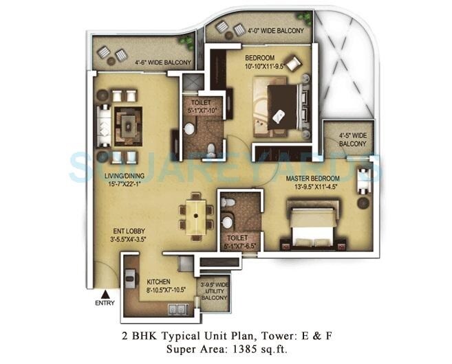 Floor plan of 2 BHK 1385 Sq. Ft. Apartment in Paras Dews, Gurgaon