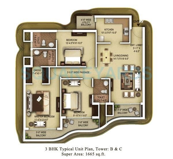 Floor plan of 3 BHK 1665 Sq. Ft. Apartment in Paras Dews, Gurgaon