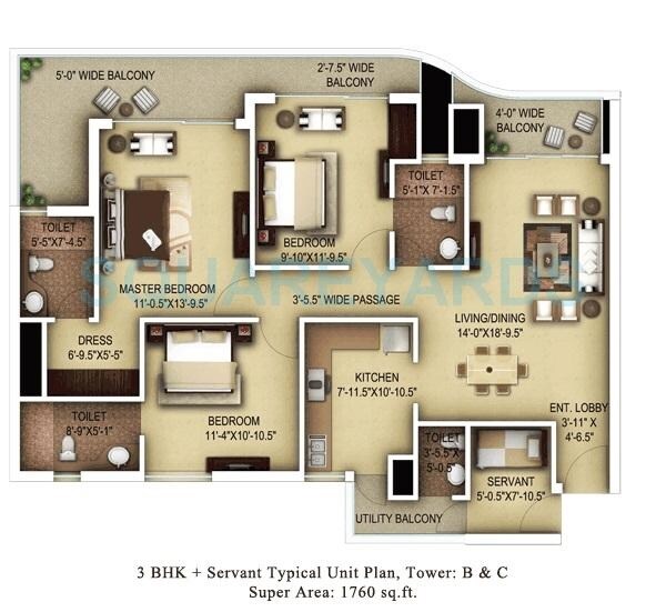 Floor plan of 3 BHK 1760 Sq. Ft. Apartment in Paras Dews, Gurgaon
