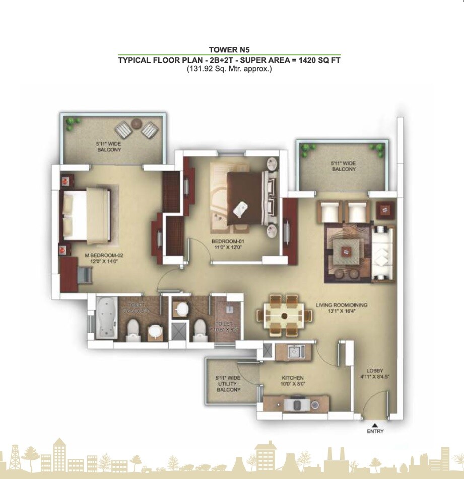 Floor plan of 2 BHK 1420 Sq. Ft. Apartment in Paras Irene, Gurgaon