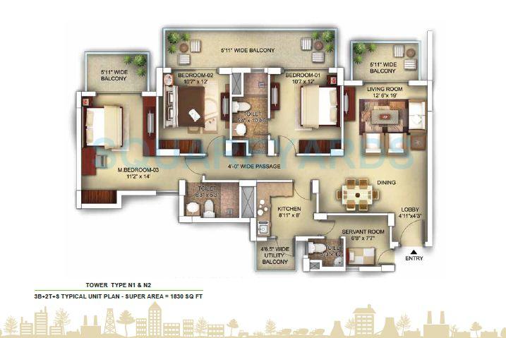 Floor plan of 3 BHK 1830 Sq. Ft. Apartment in Paras Irene, Gurgaon
