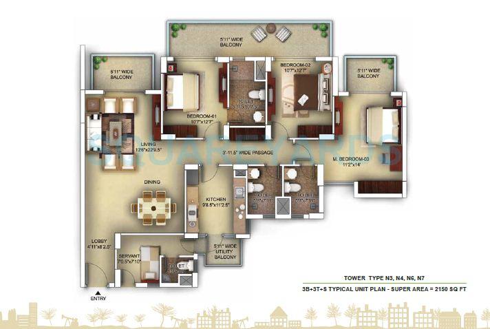 Floor plan of 3 BHK 2150 Sq. Ft. Apartment in Paras Irene, Gurgaon