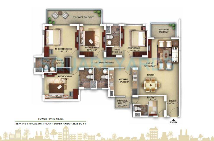 Floor plan of 4 BHK 2525 Sq. Ft. Apartment in Paras Irene, Gurgaon
