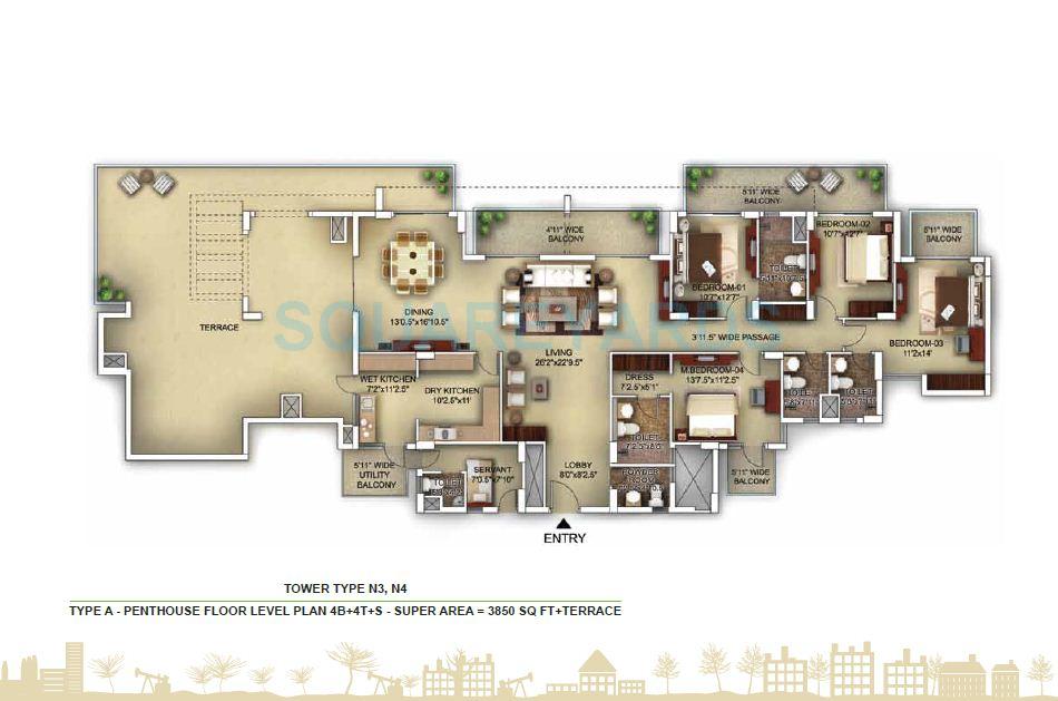Floor plan of 4 BHK 3850 Sq. Ft. Penthouse in Paras Irene, Gurgaon