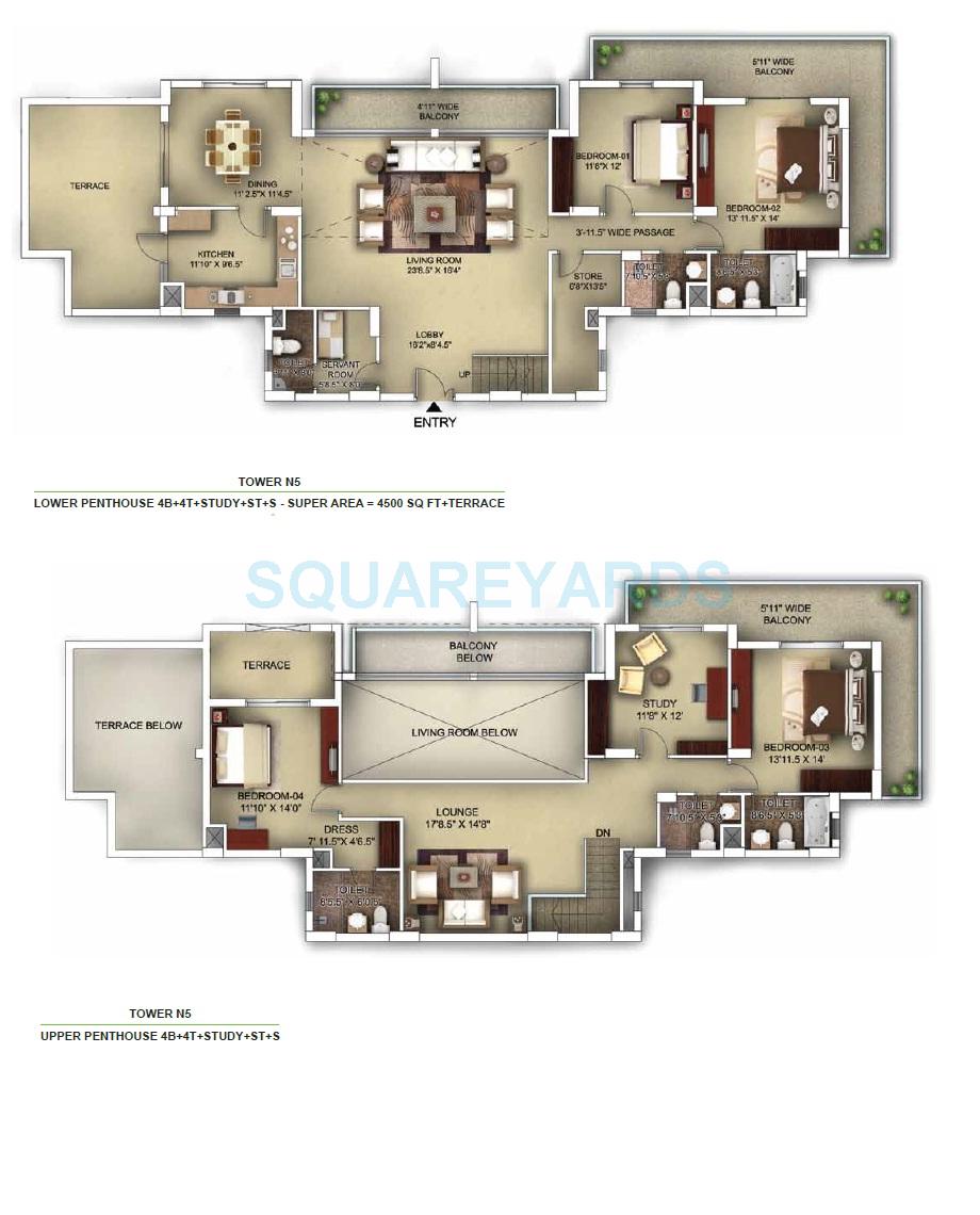 Floor plan of 4 BHK 4500 Sq. Ft. Penthouse in Paras Irene, Gurgaon
