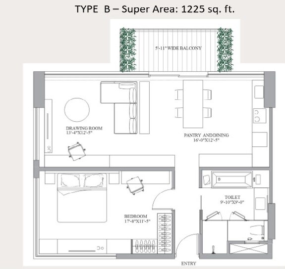 Floor plan of 1225 Sq. Ft. Studio in Paras Square Service Apartments, Gurgaon