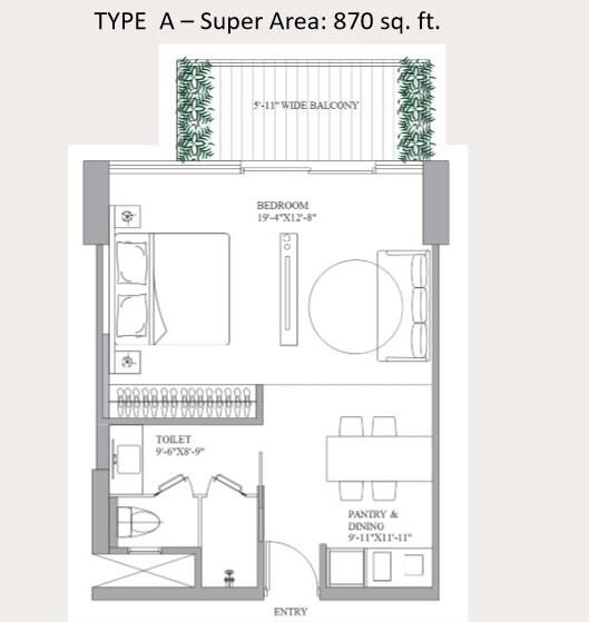 Floor plan of 870 Sq. Ft. Studio in Paras Square Service Apartments, Gurgaon
