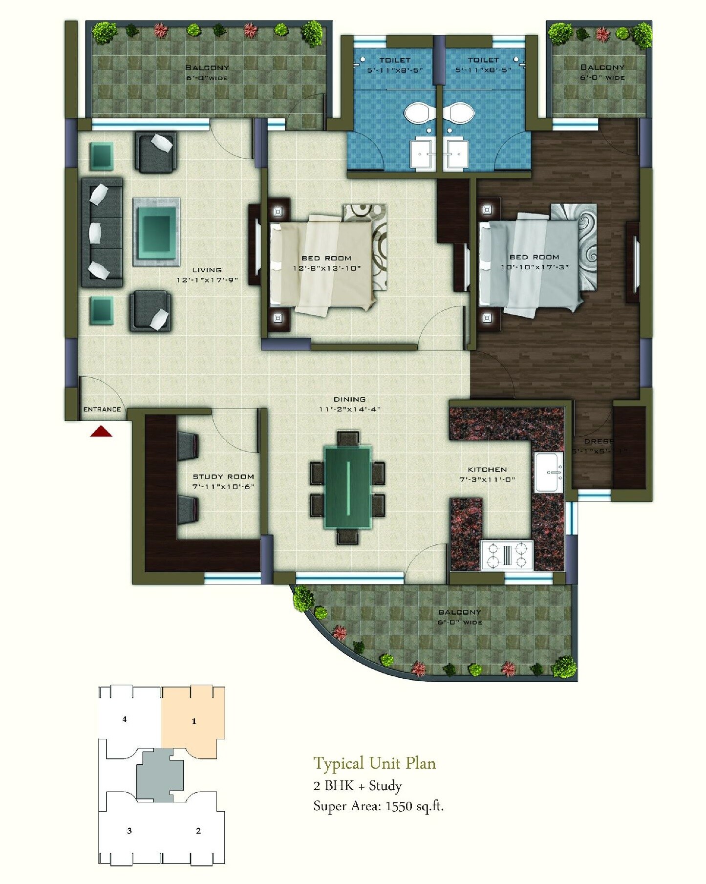 Floor plan of 2 BHK 1550 Sq. Ft. Apartment in Pareena Coban Residences, Gurgaon