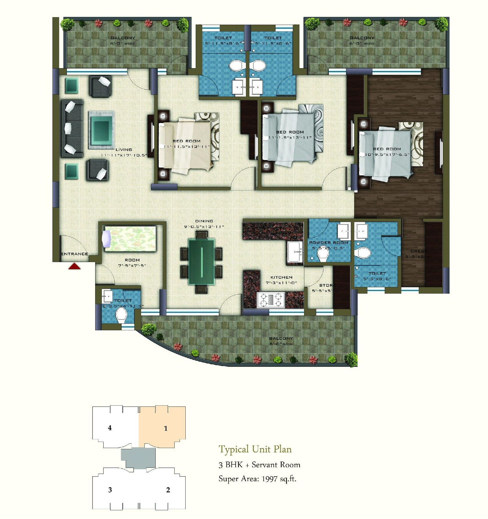 Floor plan of 3 BHK 1997 Sq. Ft. Apartment in Pareena Coban Residences, Gurgaon