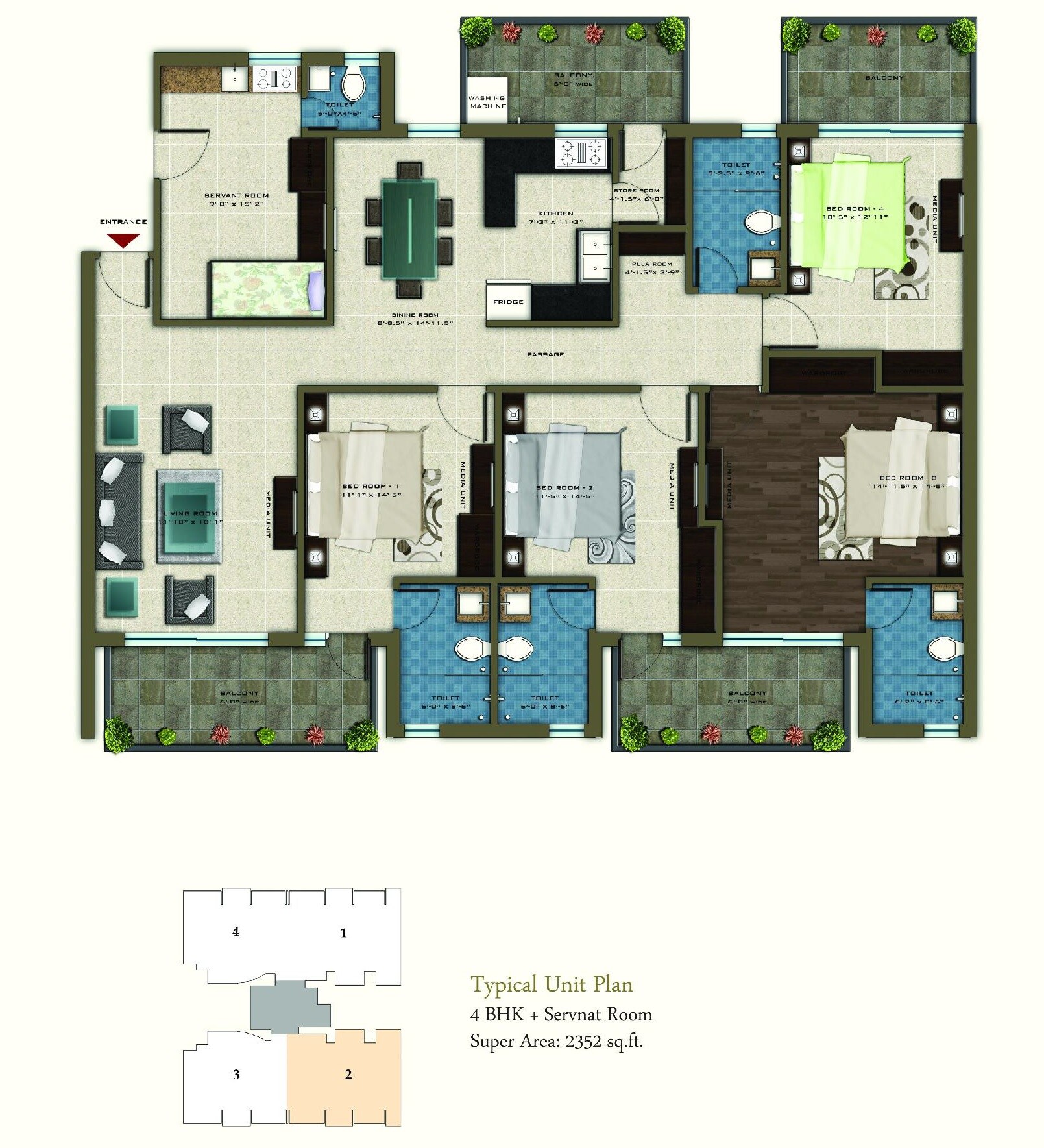 Floor plan of 4 BHK 2352 Sq. Ft. Apartment in Pareena Coban Residences, Gurgaon