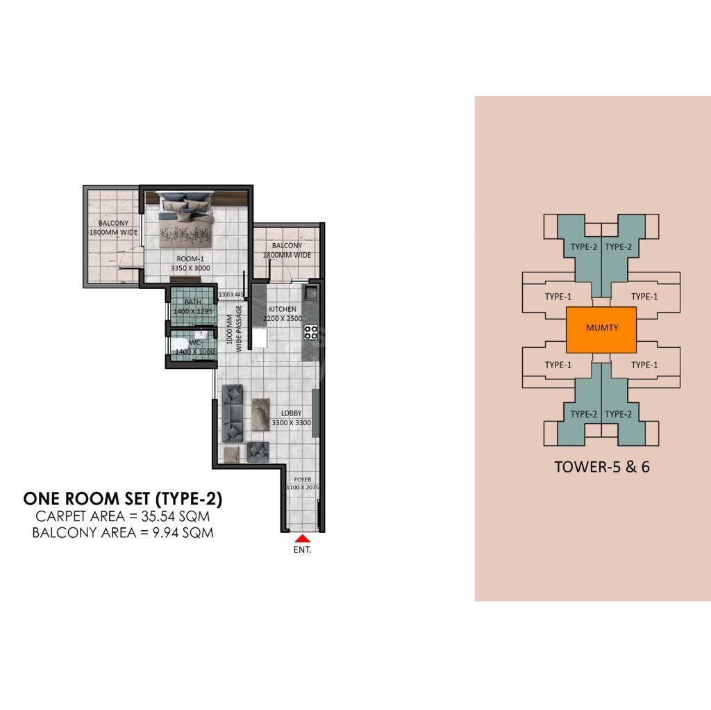 Floor plan of 1 BHK 383 Sq. Ft. Apartment in Pareena Hanu Residency, Gurgaon