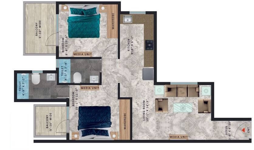 Floor plan of 2 BHK 647 Sq. Ft. Apartment in Pareena Om Apartments, Gurgaon