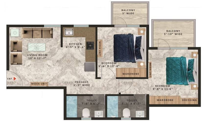 Floor plan of 2 BHK 664 Sq. Ft. Apartment in Pareena Om Apartments, Gurgaon