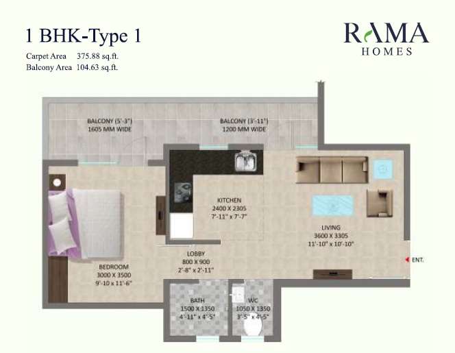 1 BHK 376 Sq. Ft. Apartment in Pareena Rama Homes