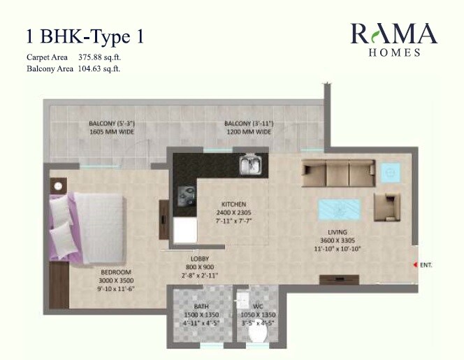 Floor plan of 1 BHK 481 Sq. Ft. Apartment in Pareena Rama Homes, Gurgaon