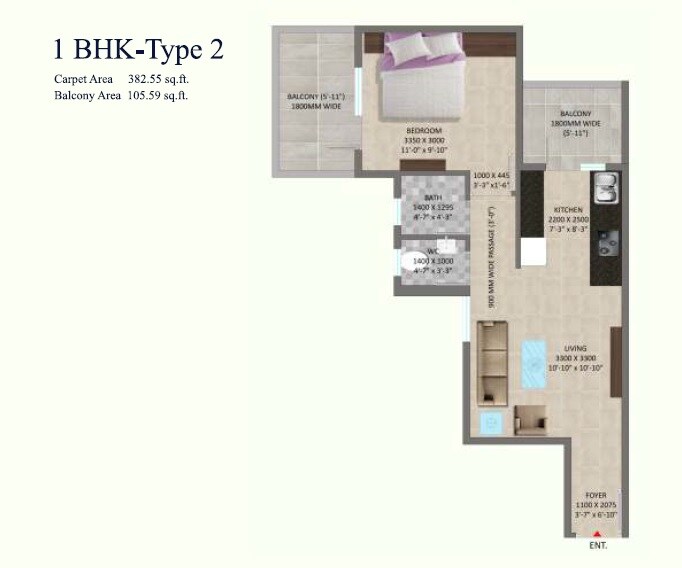 Floor plan of 1 BHK 489 Sq. Ft. Apartment in Pareena Rama Homes, Gurgaon