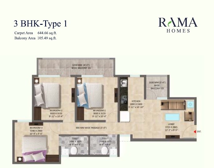 Floor plan of 3 BHK 750 Sq. Ft. Apartment in Pareena Rama Homes, Gurgaon