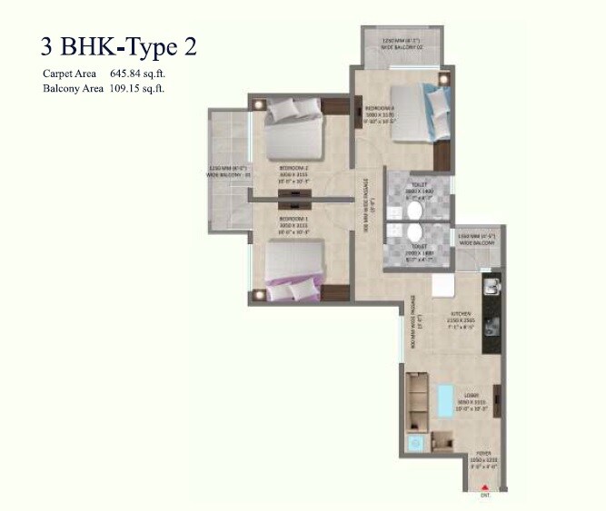 Floor plan of 3 BHK 755 Sq. Ft. Apartment in Pareena Rama Homes, Gurgaon