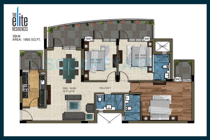 Floor plan of 3 BHK 1865 Sq. Ft. Apartment in Pareena The Elite Residences, Gurgaon