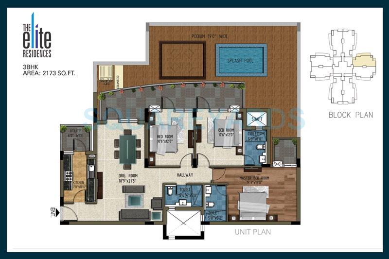Floor plan of 3 BHK 2173 Sq. Ft. Apartment in Pareena The Elite Residences, Gurgaon