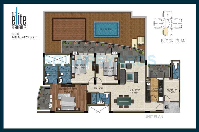 Floor plan of 3 BHK 2473 Sq. Ft. Apartment in Pareena The Elite Residences, Gurgaon