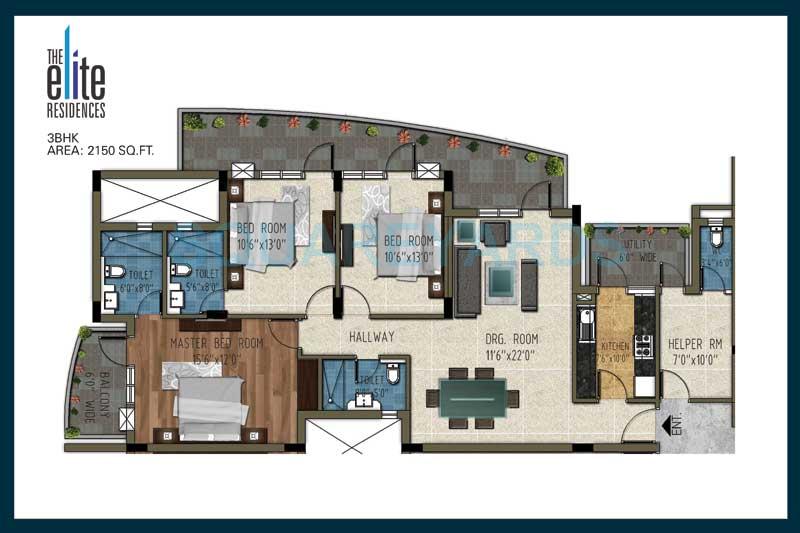 Floor plan of 3 BHK 2150 Sq. Ft. Apartment in Pareena The Elite Residences, Gurgaon