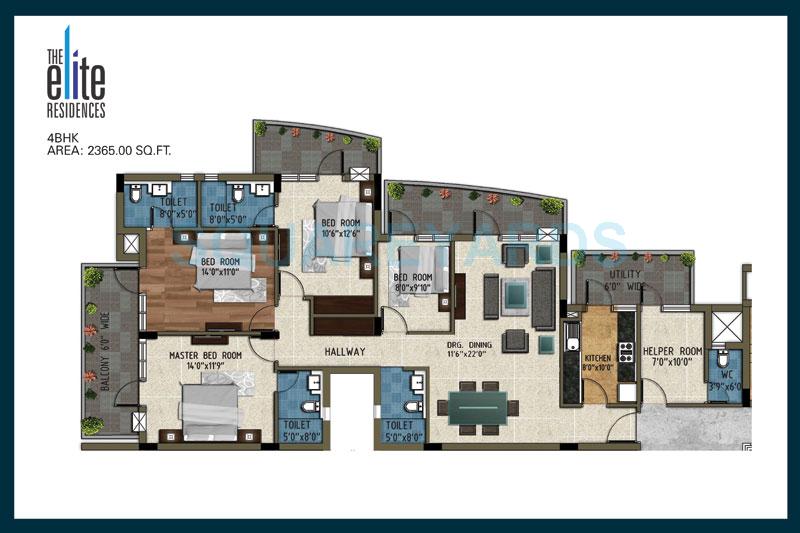 Floor plan of 4 BHK 2365 Sq. Ft. Apartment in Pareena The Elite Residences, Gurgaon