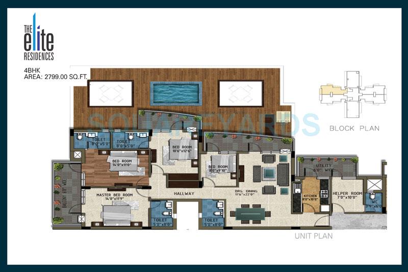 Floor plan of 4 BHK 2799 Sq. Ft. Apartment in Pareena The Elite Residences, Gurgaon