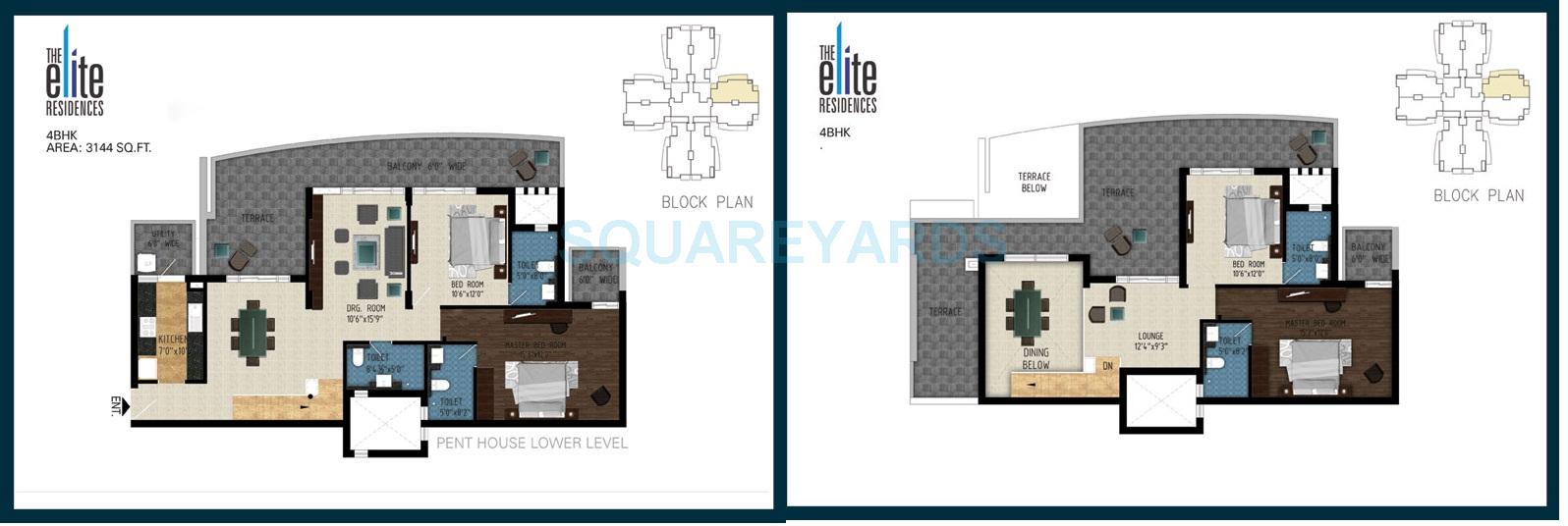 Floor plan of 4 BHK 3144 Sq. Ft. Penthouse in Pareena The Elite Residences, Gurgaon