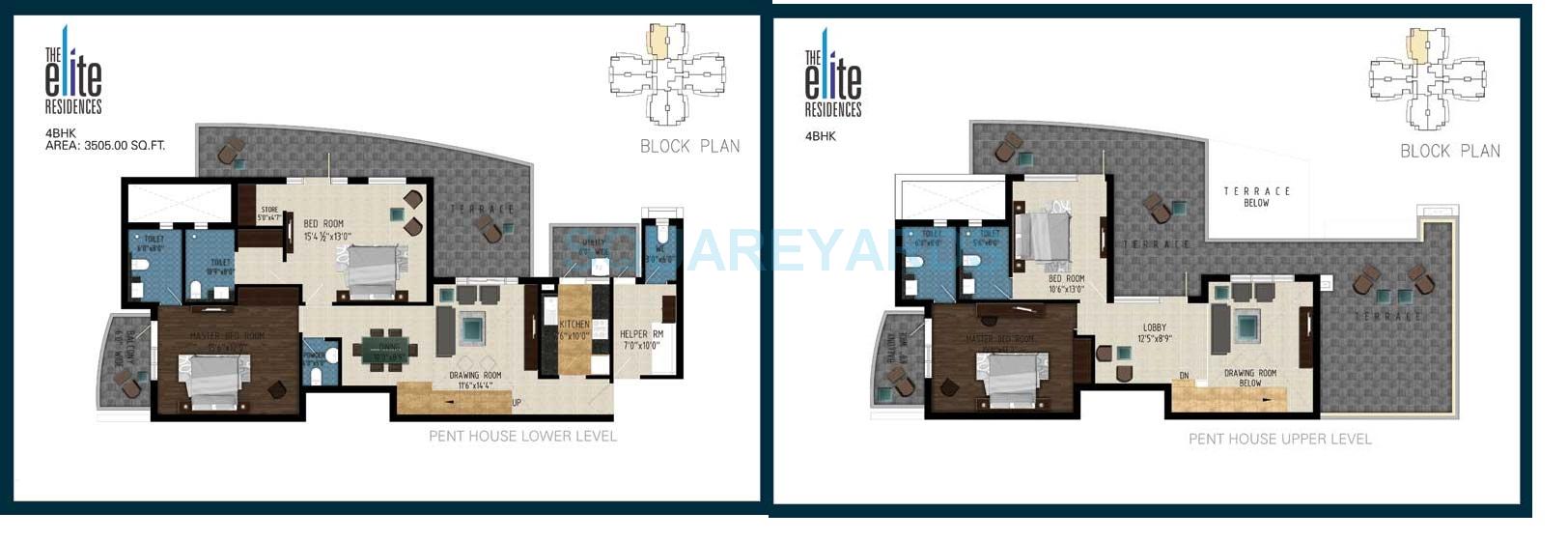 Floor plan of 4 BHK 3505 Sq. Ft. Penthouse in Pareena The Elite Residences, Gurgaon