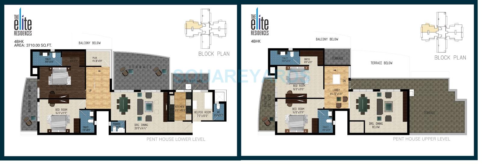 Floor plan of 4 BHK 3710 Sq. Ft. Penthouse in Pareena The Elite Residences, Gurgaon