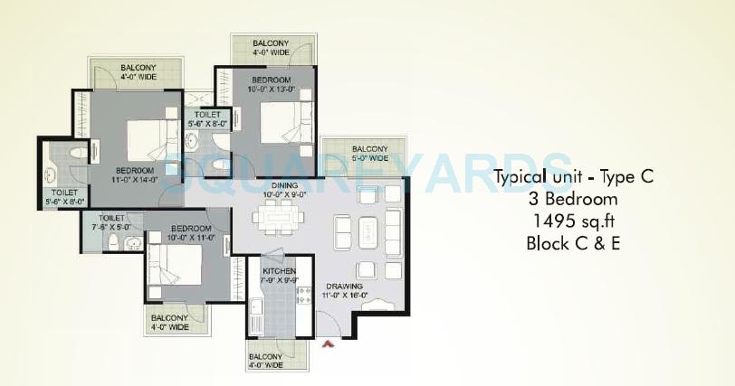 Floor plan of 3 BHK 1495 Sq. Ft. Apartment in Parkwood Westend, Gurgaon