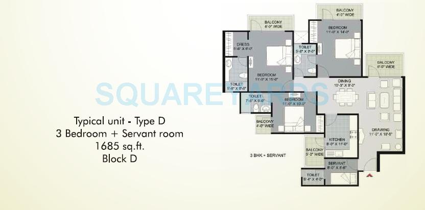 Floor plan of 3 BHK 1685 Sq. Ft. Apartment in Parkwood Westend, Gurgaon