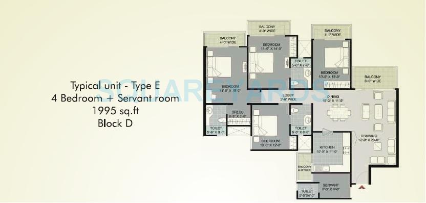 Floor plan of 4 BHK 1995 Sq. Ft. Apartment in Parkwood Westend, Gurgaon