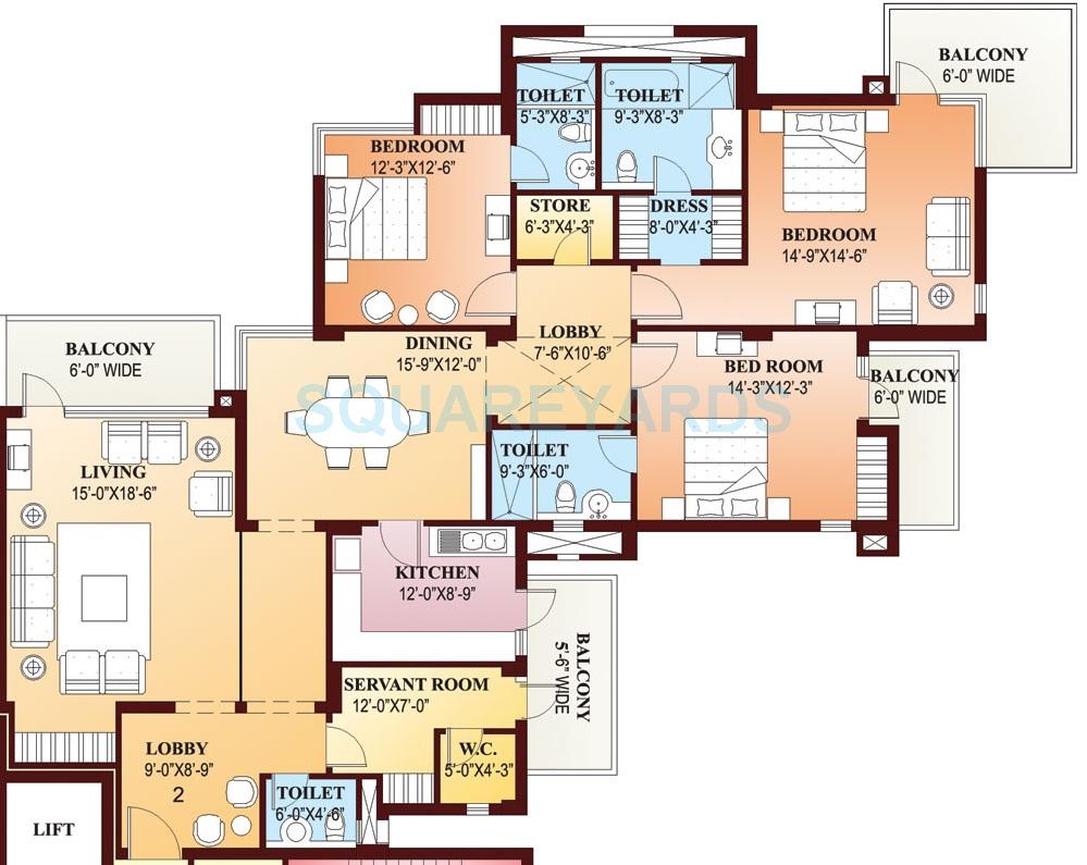 Floor plan of 3 BHK 2810 Sq. Ft. Apartment in Parsvnath Exotica, Gurgaon