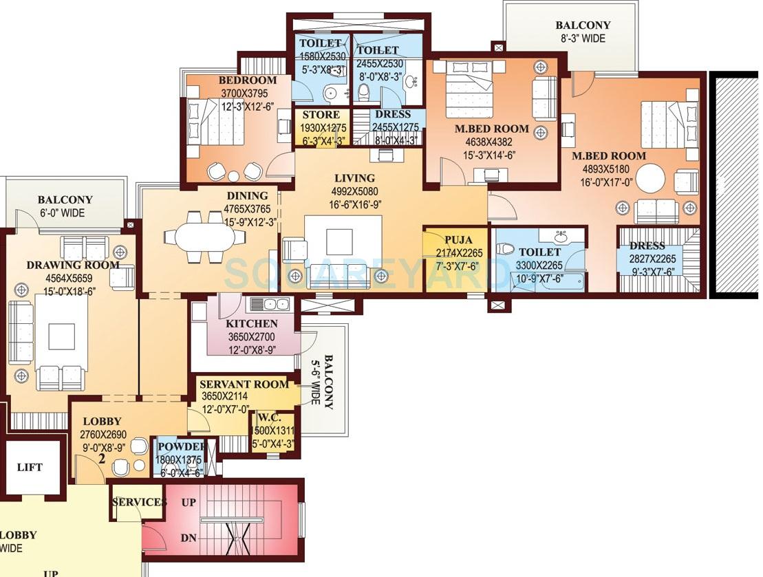 Floor plan of 3 BHK 3400 Sq. Ft. Apartment in Parsvnath Exotica, Gurgaon
