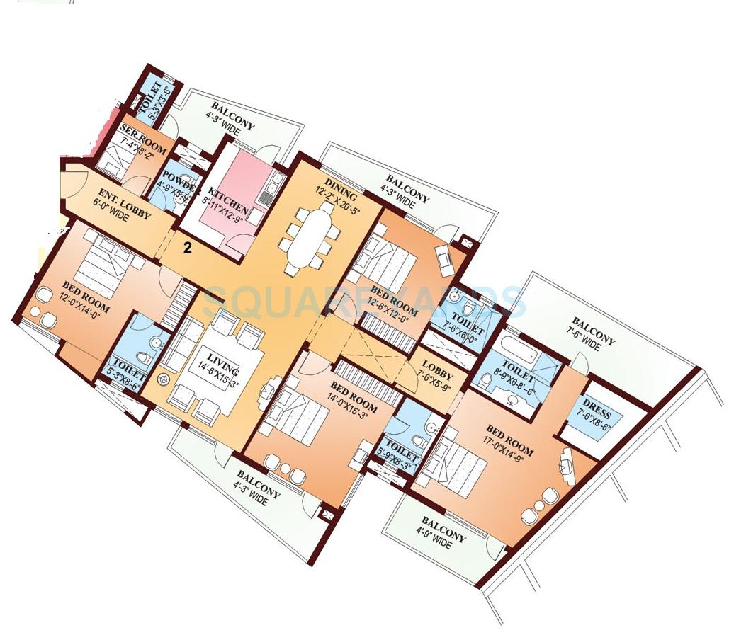 Floor plan of 4 BHK 3400 Sq. Ft. Apartment in Parsvnath Exotica, Gurgaon