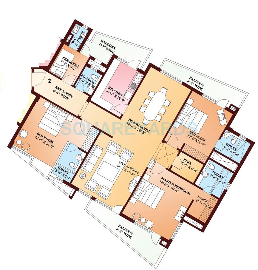 Floor plan of 3 BHK 2645 Sq. Ft. Apartment in Parsvnath Exotica, Gurgaon