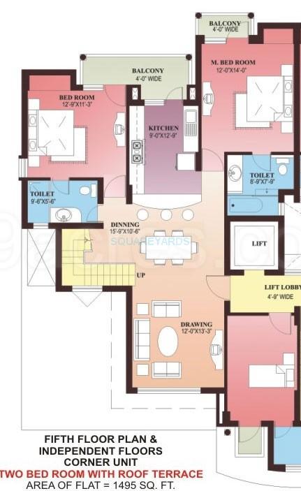 Floor plan of 2 BHK 1495 Sq. Ft. Apartment in Parsvnath Green Ville, Gurgaon