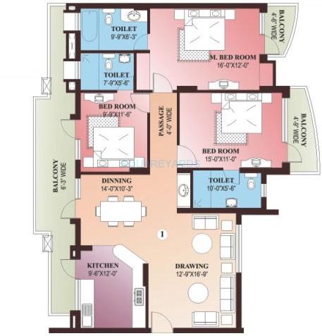 Floor plan of 3 BHK 1945 Sq. Ft. Apartment in Parsvnath Green Ville, Gurgaon