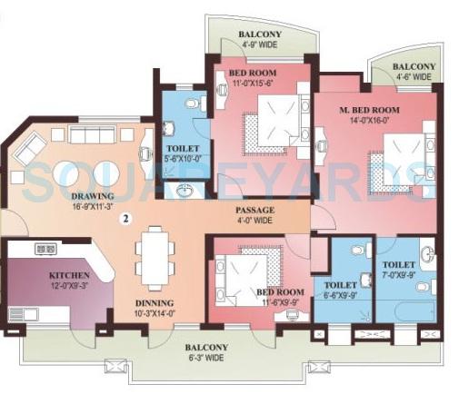 Floor plan of 3 BHK 2020 Sq. Ft. Apartment in Parsvnath Green Ville, Gurgaon