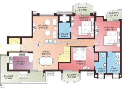 Floor plan of 3 BHK 2055 Sq. Ft. Apartment in Parsvnath Green Ville, Gurgaon