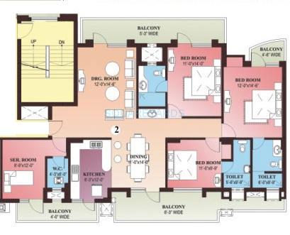 Floor plan of 3 BHK 2080 Sq. Ft. Apartment in Parsvnath Green Ville, Gurgaon