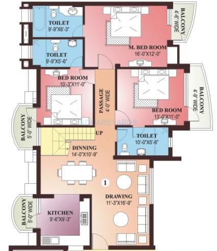 Floor plan of 3 BHK 2210 Sq. Ft. Apartment in Parsvnath Green Ville, Gurgaon