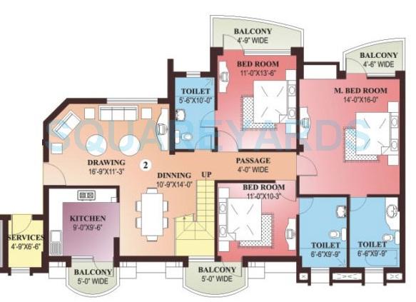 Floor plan of 3 BHK 2285 Sq. Ft. Apartment in Parsvnath Green Ville, Gurgaon